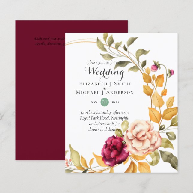 BUDGET Burgundy Peach Floral Wedding Invitations (Front/Back)