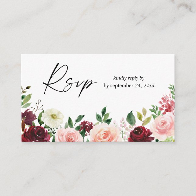 Budget Burgundy & Pink 4 Floral 2SM Meal RSVP Enclosure Card (Front)