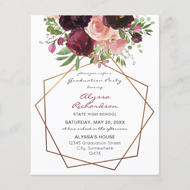Budget Burgundy & Pink Floral Fr Graduation Party Flyer (Front)