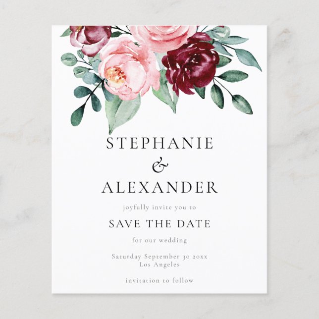 Budget Burgundy Pink Floral Save the Date (Front)