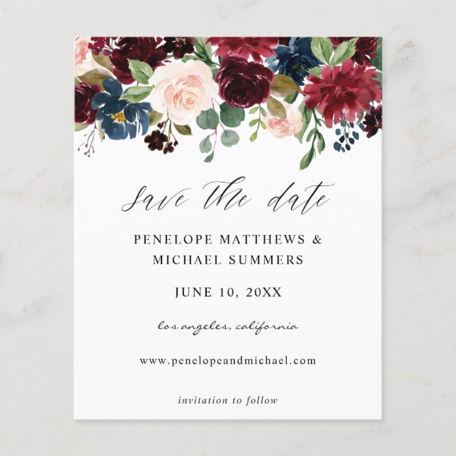 Budget Burgundy & Pink Floral Save the Date Flyer (Front)