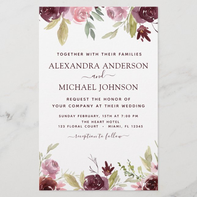 Budget Burgundy Pink Floral Wedding Invitation (Front)
