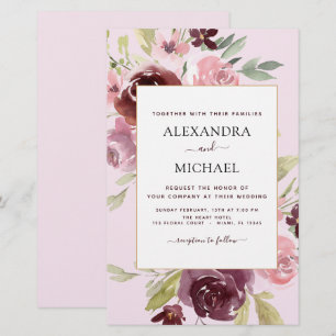 Budget Burgundy Pink Floral Wedding Invitation