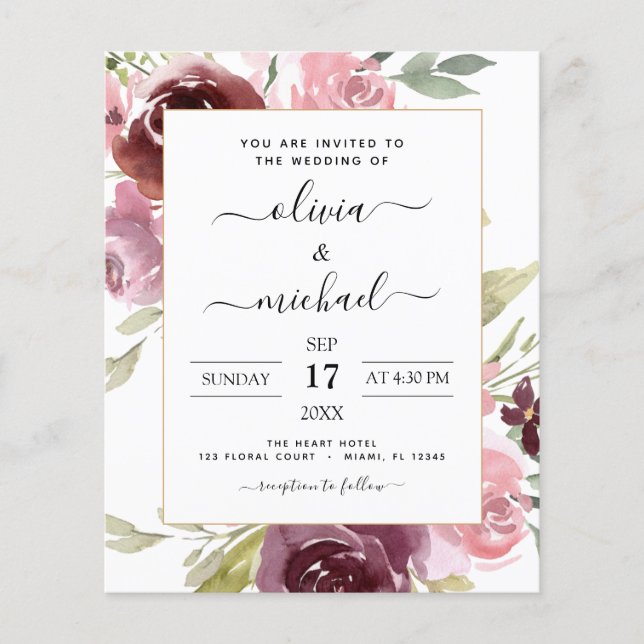 Budget Burgundy Pink Floral Wedding Invitation (Front)