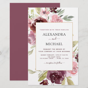 Budget Burgundy Pink Floral Wedding Invitation