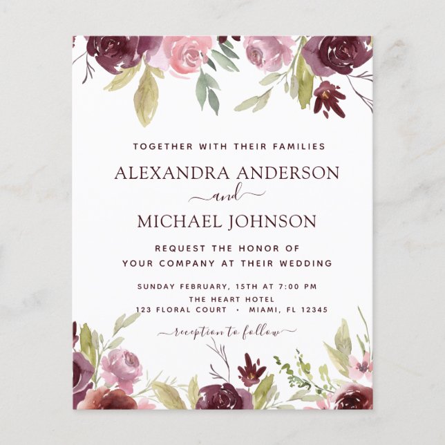 Budget Burgundy Pink Floral Wedding Invitation Flyer (Front)