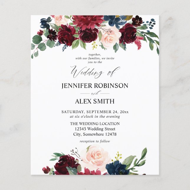 Budget Burgundy, Pink, & Navy Floral Wedding 2 Fly Flyer (Front)