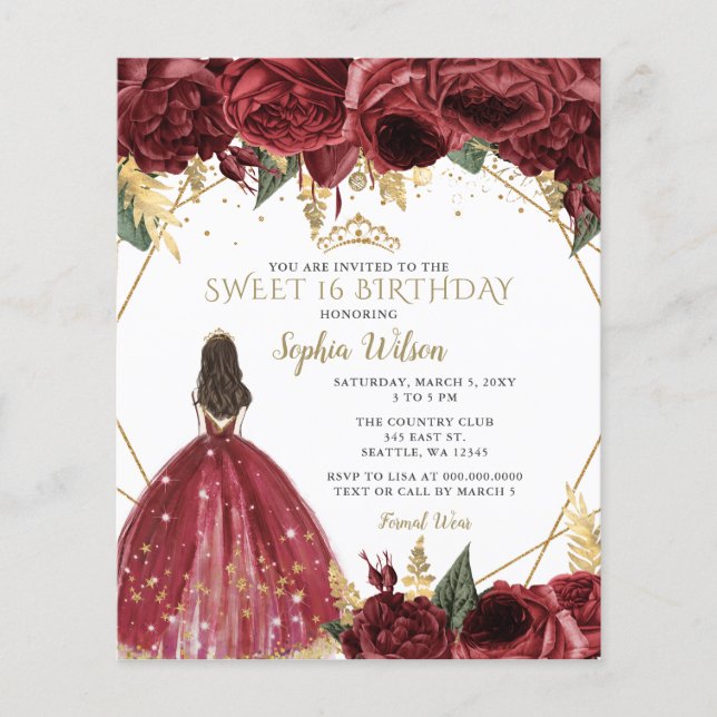 Budget Burgundy Princess Sweet 16 Invitation (Front)