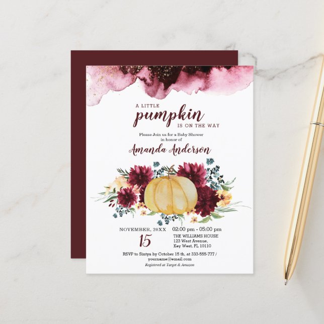 Budget Burgundy Pumpkin Baby Shower Invitation (Front/Back In Situ)