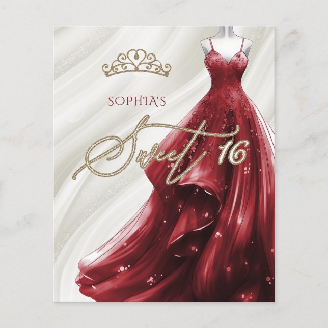 Budget Burgundy Red Dress Sweet 16 Invitation (Front)