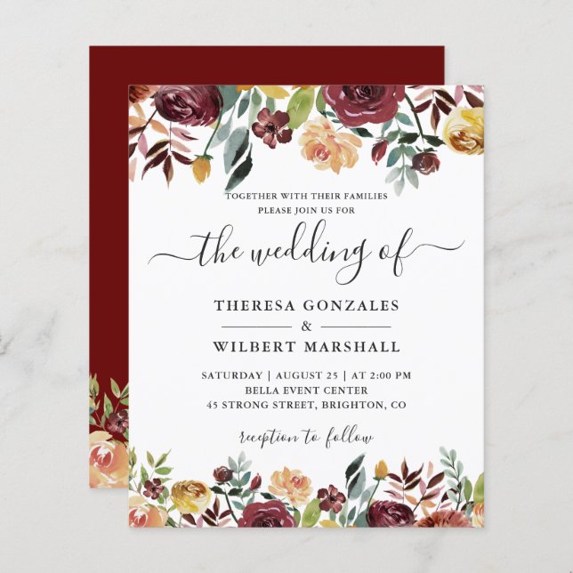 Budget Burgundy Red Orange Floral Wedding Invites (Front/Back)