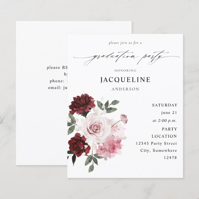 Budget Burgundy Red & Pink Floral Graduation Party (Front/Back)