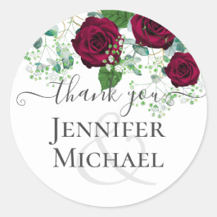 BUDGET Burgundy Red Roses Gypsophila WEDDING Classic Round Sticker