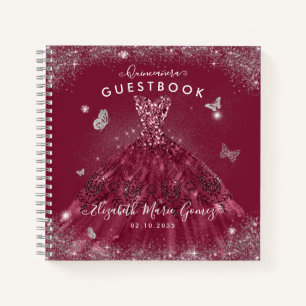 Budget Burgundy Red Silver Quinceanera Guestbook  Notebook