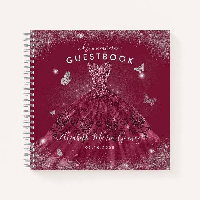 Budget Burgundy Red Silver Quinceanera Guestbook  Notebook (Front)