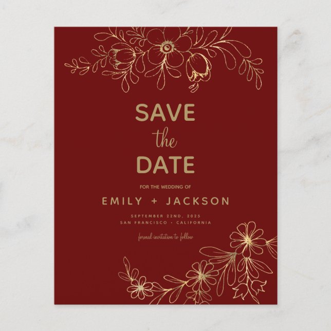 Budget Burgundy Save the Date Floral Gold Foil  (Front)