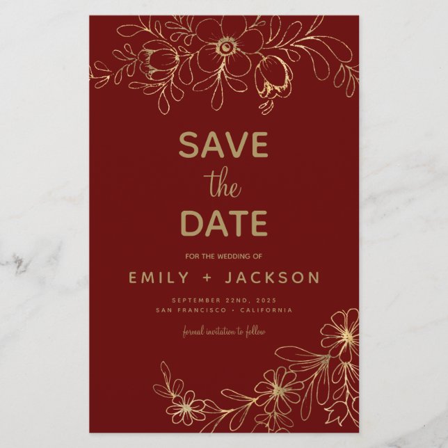 Budget Burgundy Save the Date Floral Gold Foil  (Front)