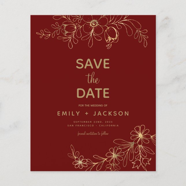 Budget Burgundy Save the Date Floral Gold Foil  Flyer (Front)