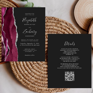Budget Burgundy Silver Agate Dark QR Code Wedding
