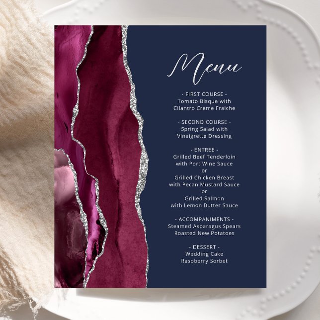 Budget Burgundy Silver Agate Navy Wedding Menu (Creator Uploaded)