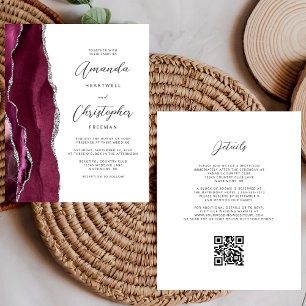 Budget Burgundy Silver Agate QR Code Wedding