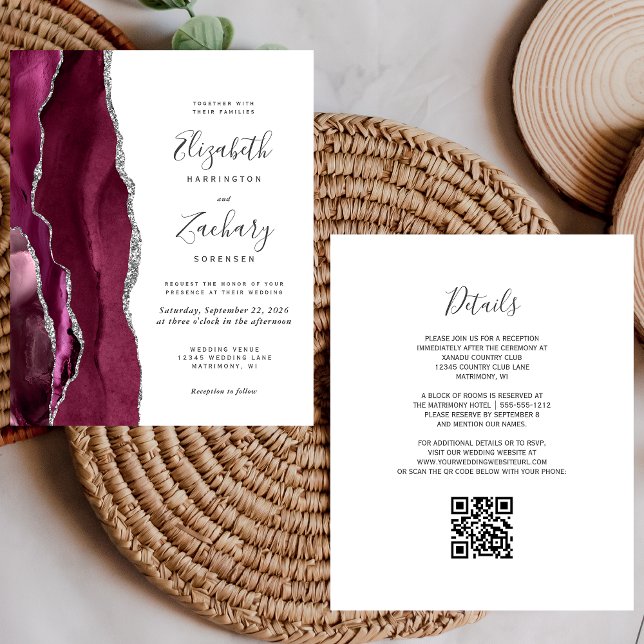 Budget Burgundy Silver Agate QR Code Wedding (Creator Uploaded)