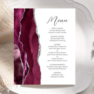 Budget Burgundy Silver Agate Script Wedding Menu