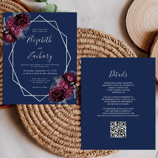 Budget Burgundy Silver Floral Navy QR Code Wedding (Creator Uploaded)