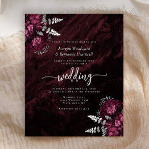 Budget Burgundy Silver Floral Wedding Invitation