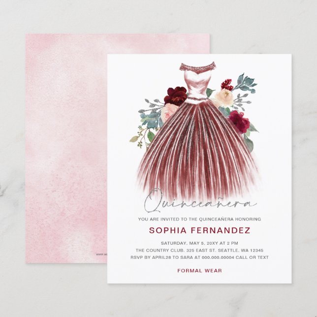 Budget Burgundy Silver glitter Dress Quinceañera (Front/Back)