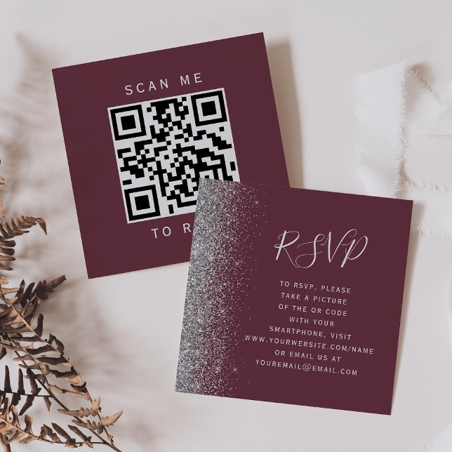 Budget Burgundy Silver Wedding QR Code RSVP Card (Creator Uploaded)