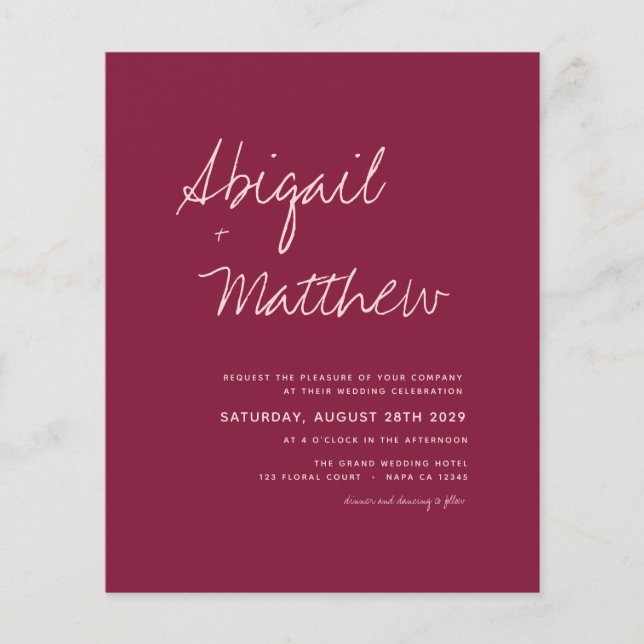 Budget Burgundy Simple Modern Wedding Invitation (Front)