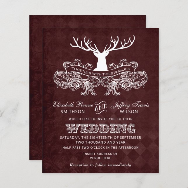 Budget Burgundy Stag Wedding Invitation (Front/Back)