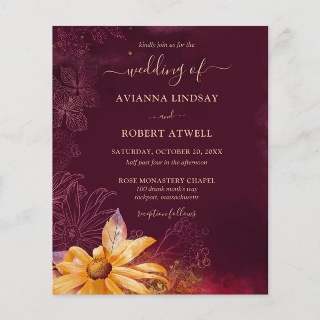 Budget Burgundy Sunflower Wedding Invitation (Front)