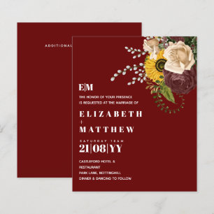 Budget Burgundy Sunflowers Floral Wedding Invites