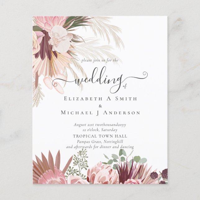 BUDGET Burgundy Wine Pampas Grass Tropical Wedding Flyer (Front)