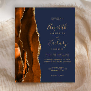 Budget Burnt Orange Agate Blue Wedding Invitation