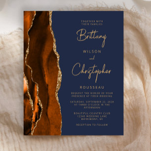 Budget Burnt Orange Agate Blue Wedding Invite