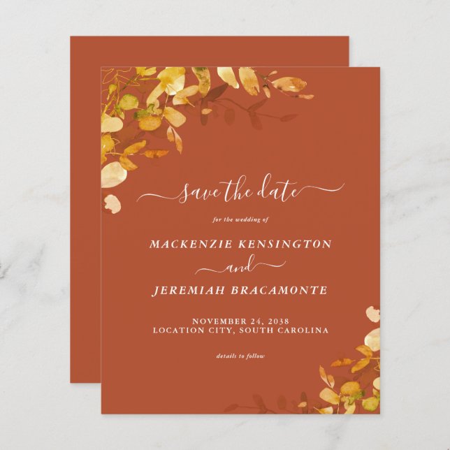 Budget Burnt Orange Botanical Save the Date (Front/Back)