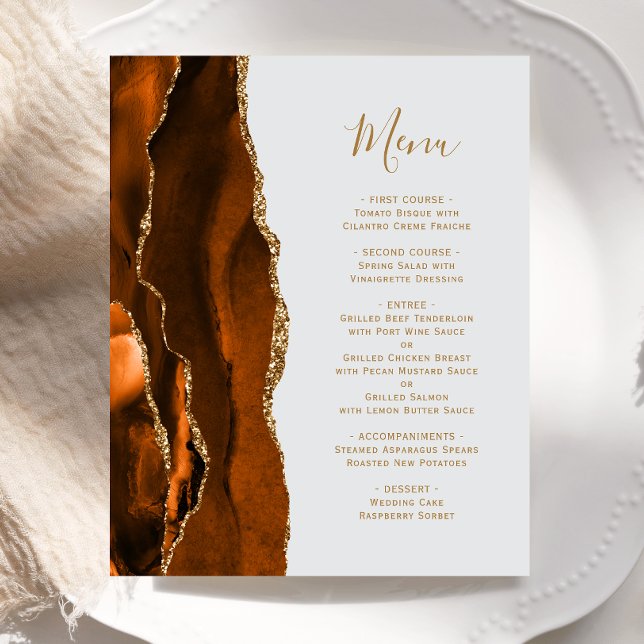 Budget Burnt Orange Gold Agate Grey Wedding Menu (Creator Uploaded)