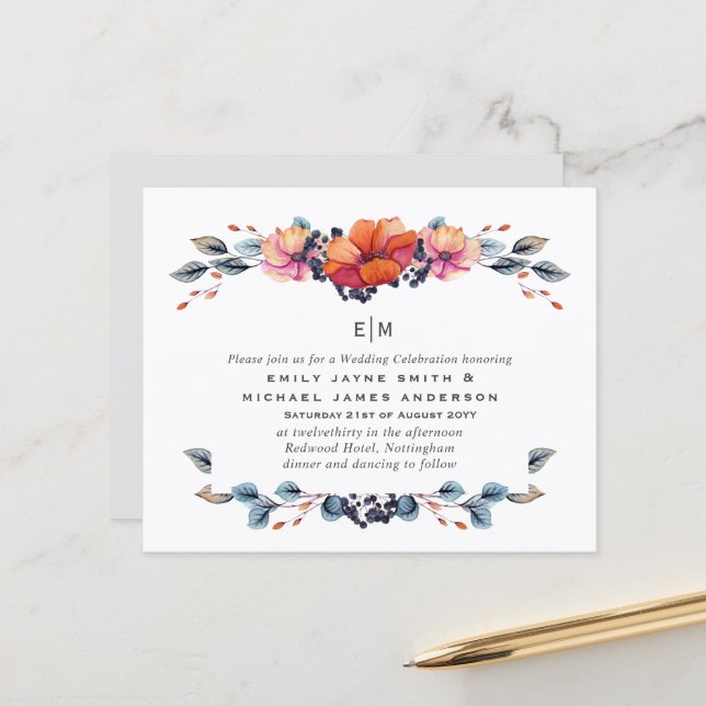 Budget Burnt Orange Green Wedding Invitations (Front/Back In Situ)