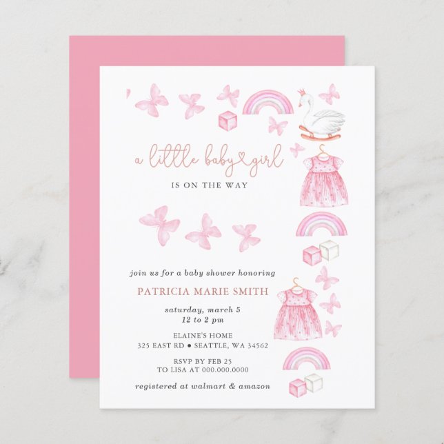 Budget Butterfly Pink Girl Baby Shower Invite (Front/Back)