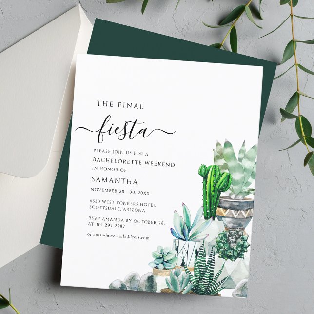 Budget Cacti Plant Bachelorette Party Invitation (Bachelorette Weekend Final Fiesta Cacti Script Party Invitation)