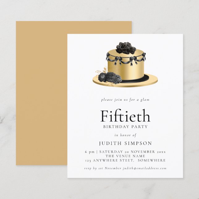 Budget Cake Gold Black 50th Birthday Invitation (Front/Back)