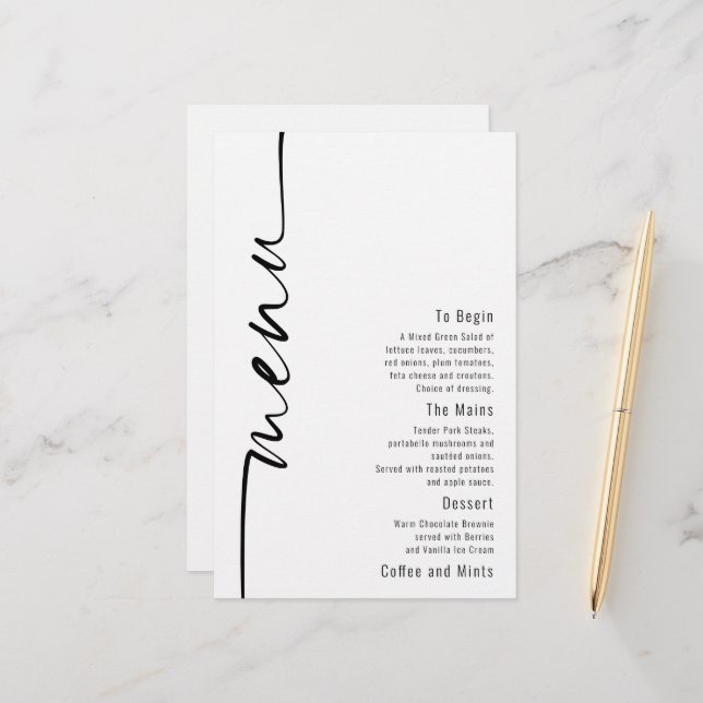 Budget Calligraphie Moderne Mariage Menu (Devant/Arrière en situation)
