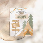 Budget Camping Theme Outdoor Boy Birthday Party<br><div class="desc">Get ready for an adventure in the great outdoors with our camping-themed boy's birthday party budget invitation. Featuring a hand-drawn illustration of a cozy tent, a wooden sign, trees, and bunting, this invitation sets the tone for an unforgettable backyard adventure. There is a big flag with your son's name on...</div>