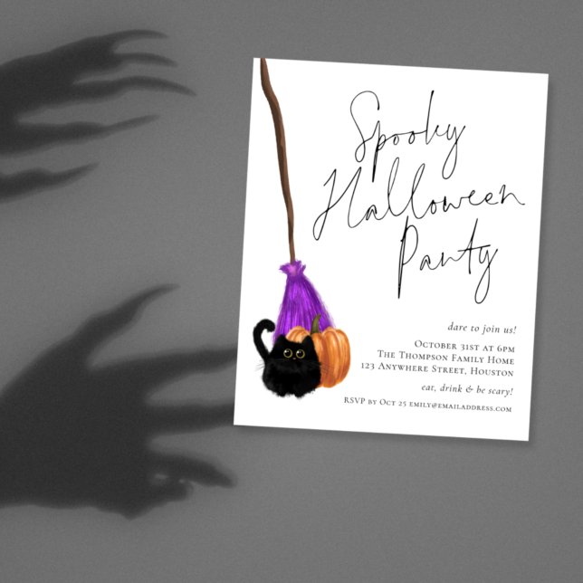 Budget Cat Broomstick Spooky Halloween Invitation (Creator Uploaded)