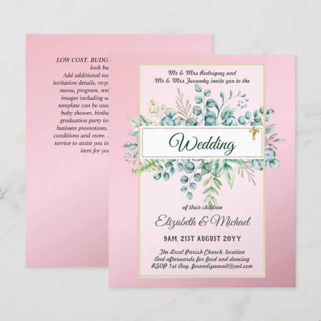 Budget CATHOLIC Christian WEDDING Greenery INVITES (Front/Back)