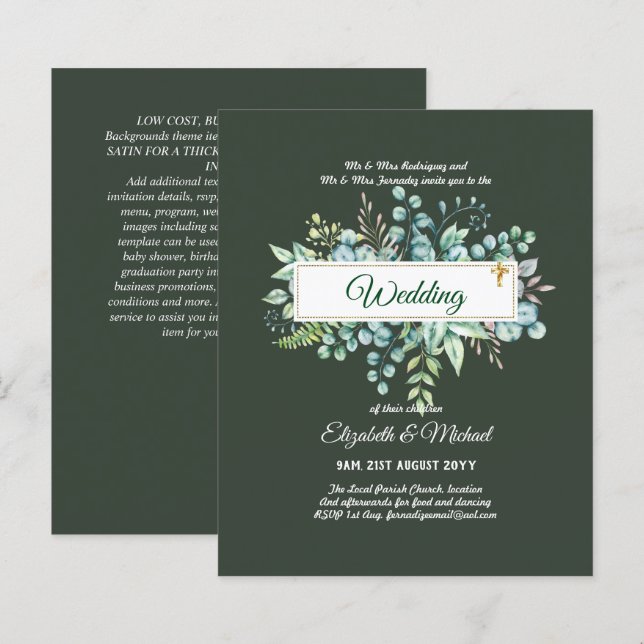 Budget CATHOLIC Christian WEDDING Greenery INVITES (Front/Back)