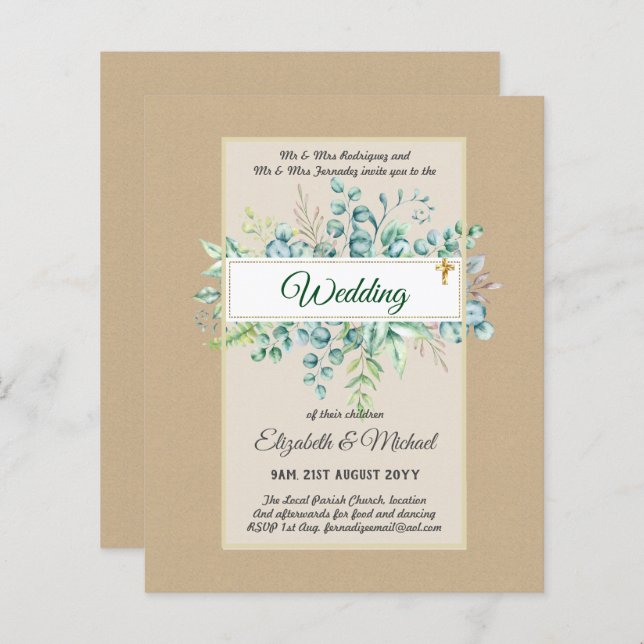 Budget CATHOLIC Christian WEDDING Greenery INVITES (Front/Back)